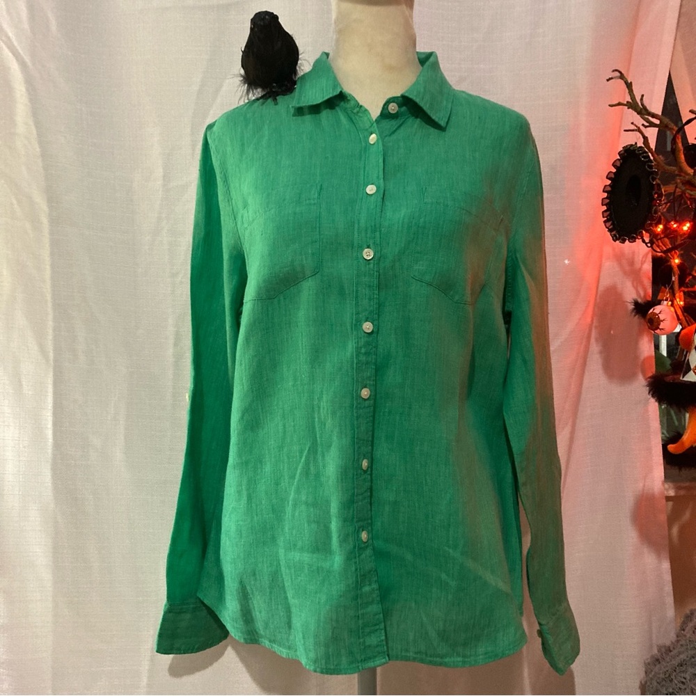 Talbots Linen Boyfriend shirt, sz.Mp, Green, roll tan button sleeves, EUC